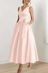 Satin V-Neck Sleeveless Bow Waist A-Line Maxi Dress 21