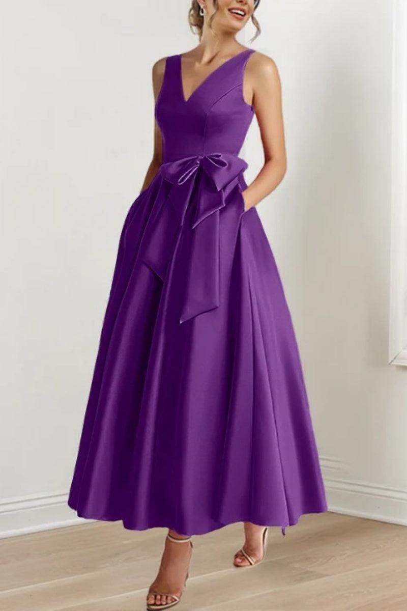 Satin V-Neck Sleeveless Bow Waist A-Line Maxi Dress 20