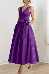 Satin V-Neck Sleeveless Bow Waist A-Line Maxi Dress 20