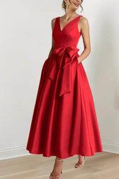 Satin V-Neck Sleeveless Bow Waist A-Line Maxi Dress 18
