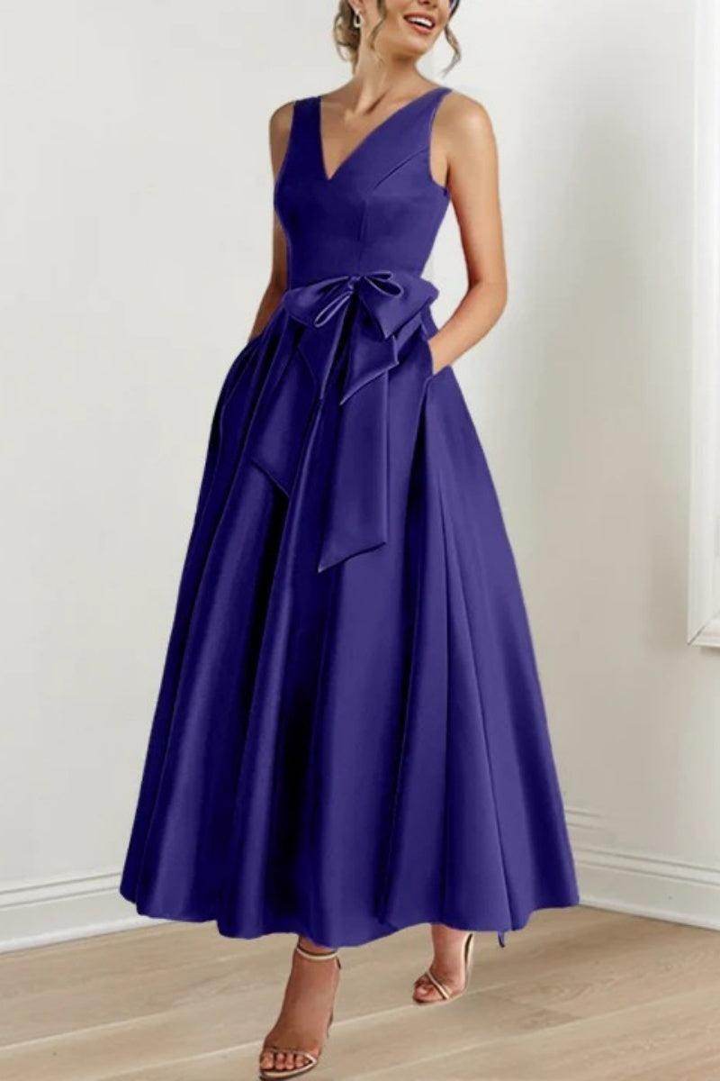 Satin V-Neck Sleeveless Bow Waist A-Line Maxi Dress 17