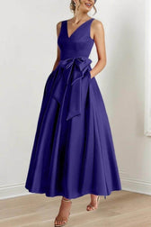 Satin V-Neck Sleeveless Bow Waist A-Line Maxi Dress 17