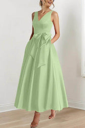 Satin V-Neck Sleeveless Bow Waist A-Line Maxi Dress 10