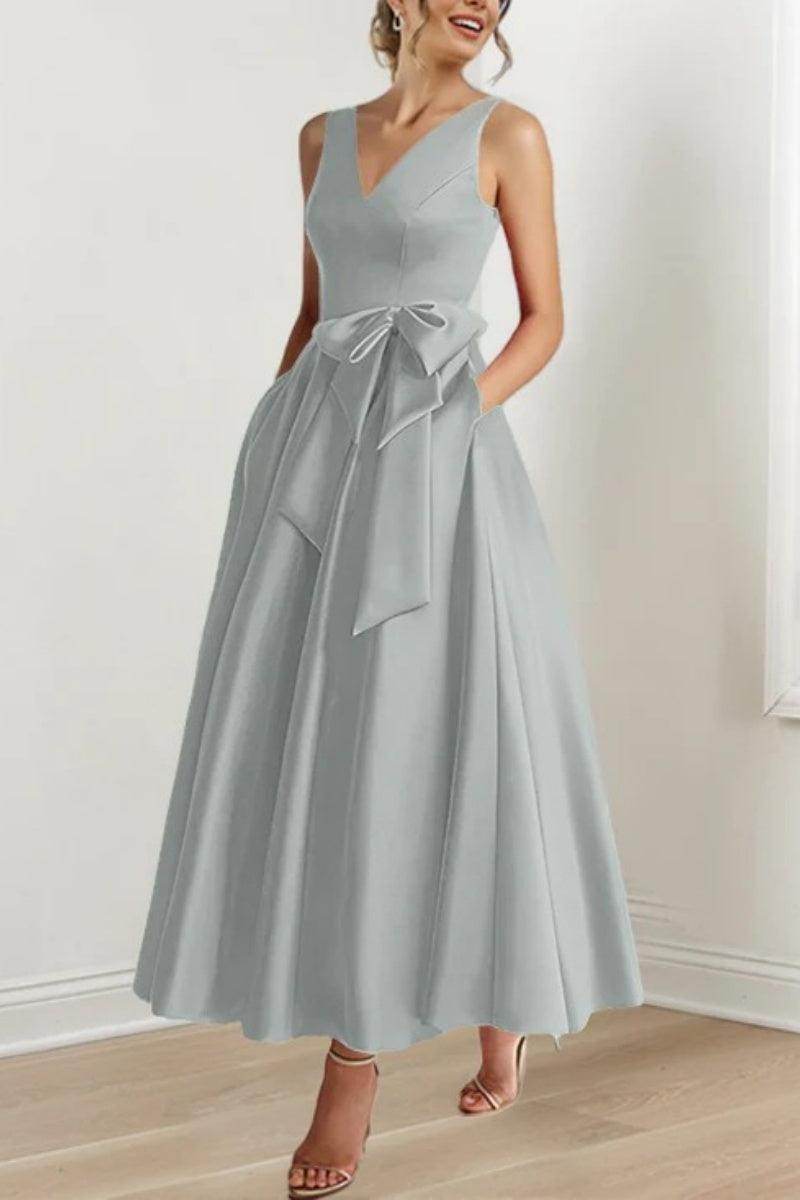 Satin V-Neck Sleeveless Bow Waist A-Line Maxi Dress 11