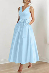 Satin V-Neck Sleeveless Bow Waist A-Line Maxi Dress 12