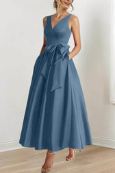 Satin V-Neck Sleeveless Bow Waist A-Line Maxi Dress 14