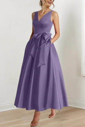 Satin V-Neck Sleeveless Bow Waist A-Line Maxi Dress 15