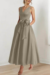 Satin V-Neck Sleeveless Bow Waist A-Line Maxi Dress 9