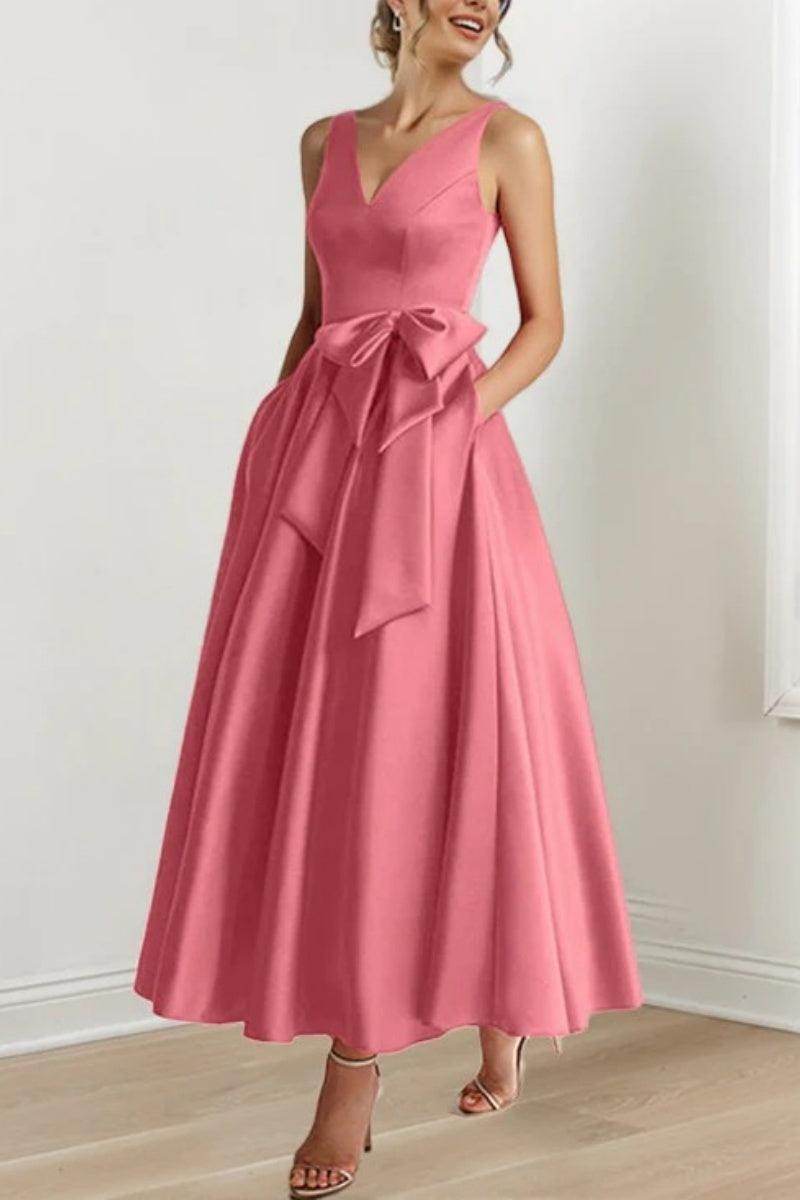 Satin V-Neck Sleeveless Bow Waist A-Line Maxi Dress 8