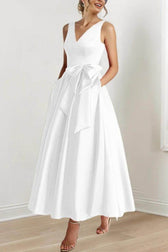 Satin V-Neck Sleeveless Bow Waist A-Line Maxi Dress 7