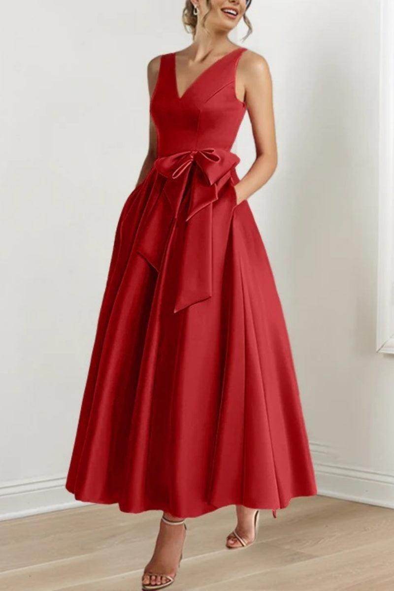 Satin V-Neck Sleeveless Bow Waist A-Line Maxi Dress 6