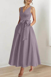 Satin V-Neck Sleeveless Bow Waist A-Line Maxi Dress 5