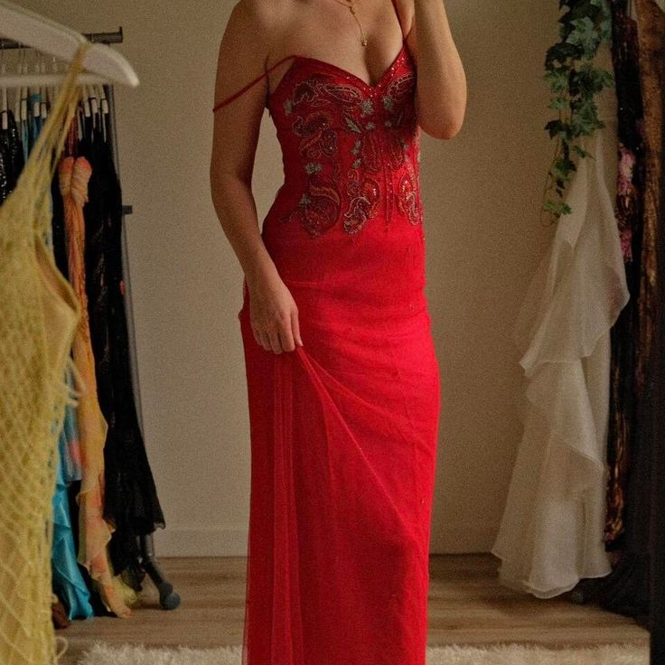 Luxury Red Spaghetti Straps Beaded Evening Dress Formal Prom Dress cc2011