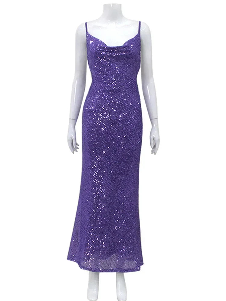 Sequin V-Neck Spaghetti Strap Backless Bodycon Dress 5