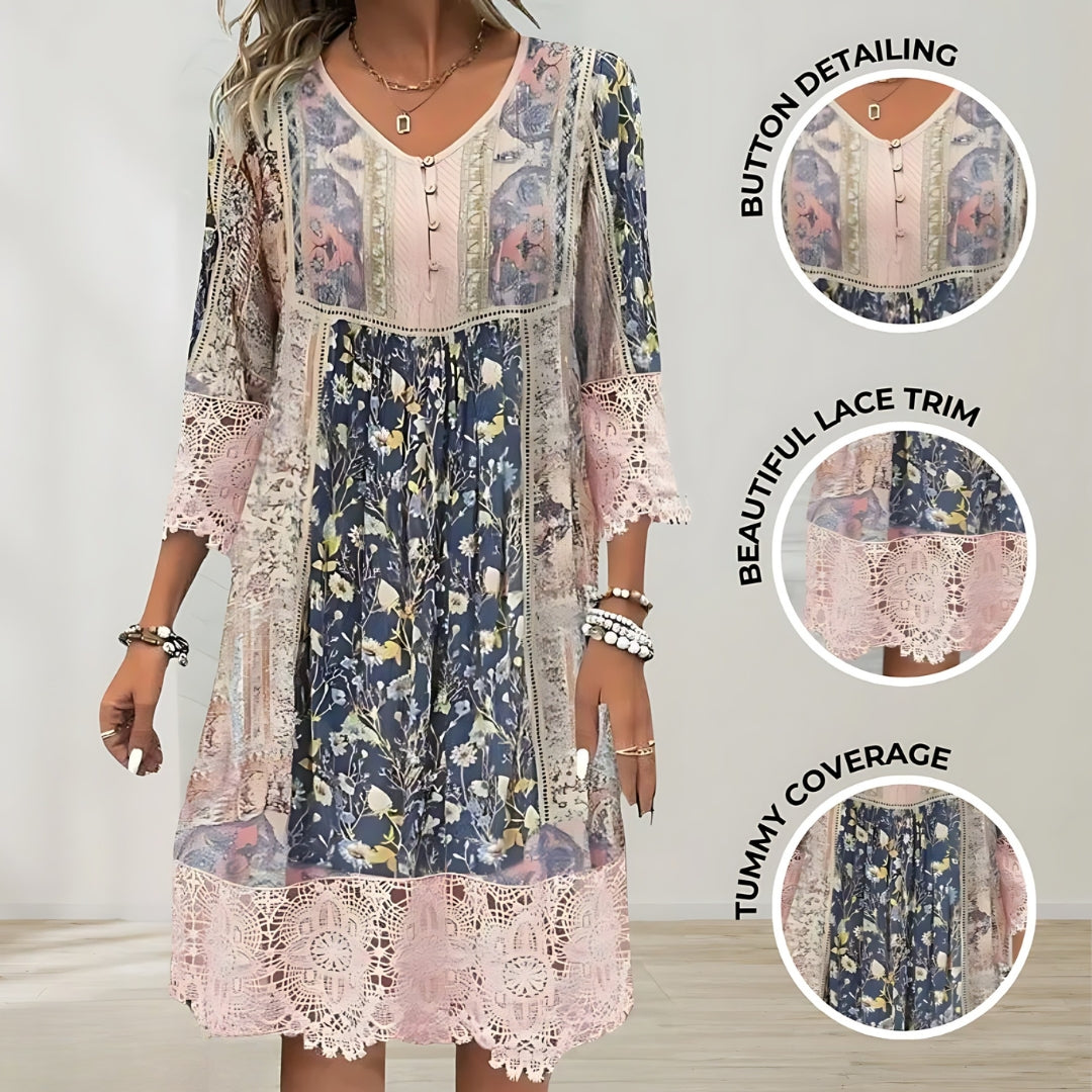 Boho Patchwork Print Lace Trim Bell Sleeve Tunic Dress
