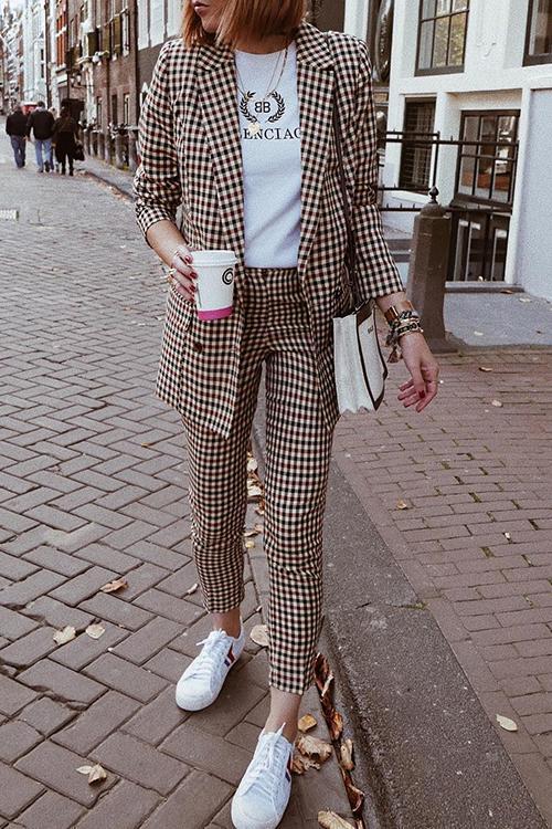 Plaid Button Long Sleeve Blazer