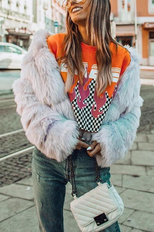 Layer O Neck Faux Fur Coat