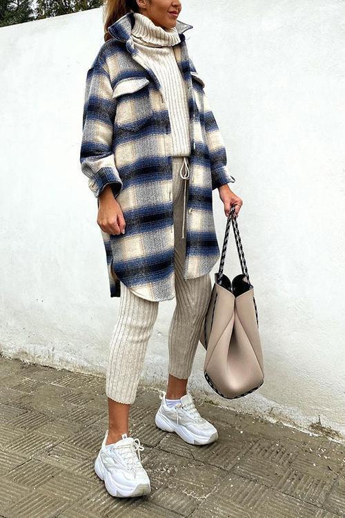 Single Breasted Plaid Long Coat