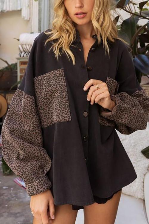 Leopard Patchwork Button Pockes Jackets