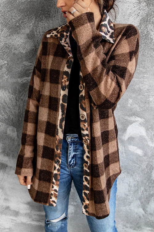 Plaid Leopard Patchwork Button Shirt Jackets