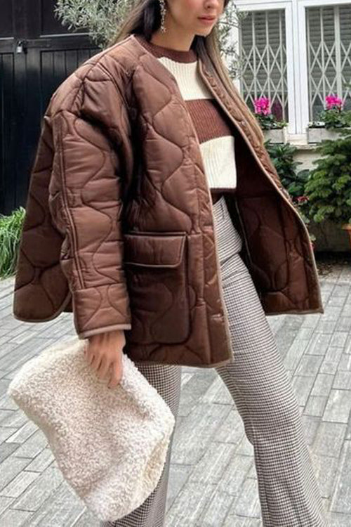 Quilted Pockets O Neck Jacket