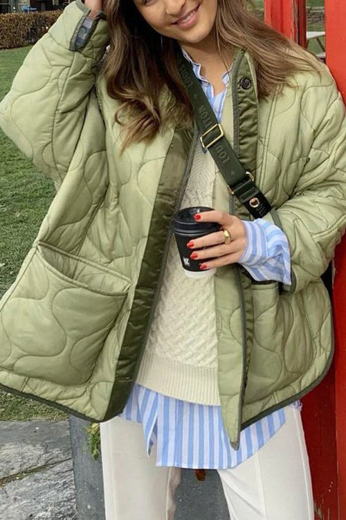 Quilted Pockets O Neck Jacket