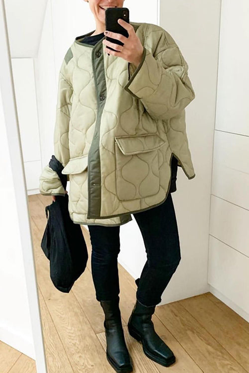 Quilted Pockets O Neck Jacket