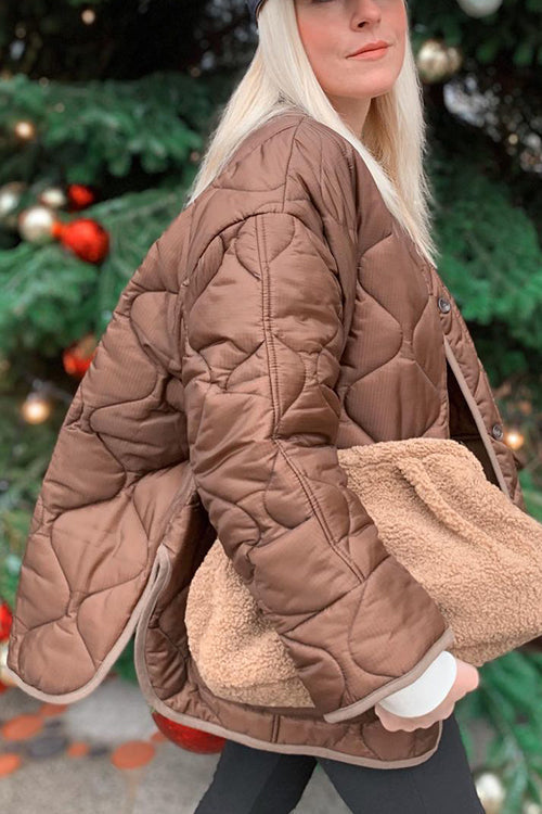 Quilted Pockets O Neck Jacket