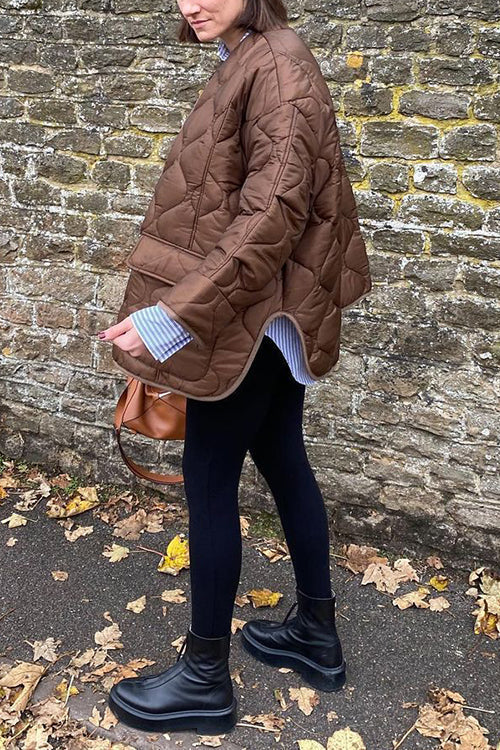 Quilted Pockets O Neck Jacket