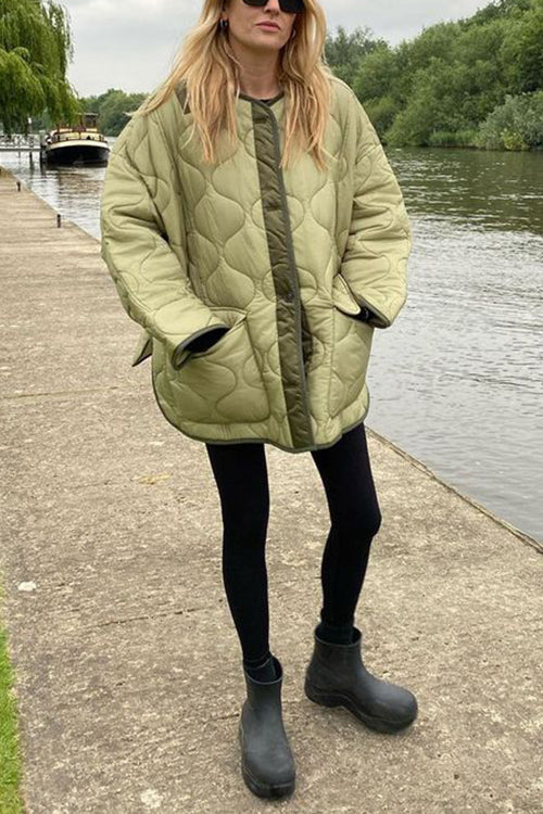 Quilted Pockets O Neck Jacket