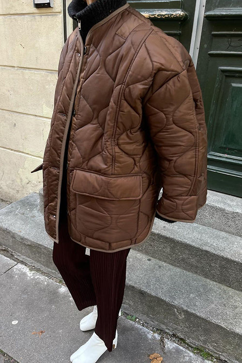 Quilted Pockets O Neck Jacket
