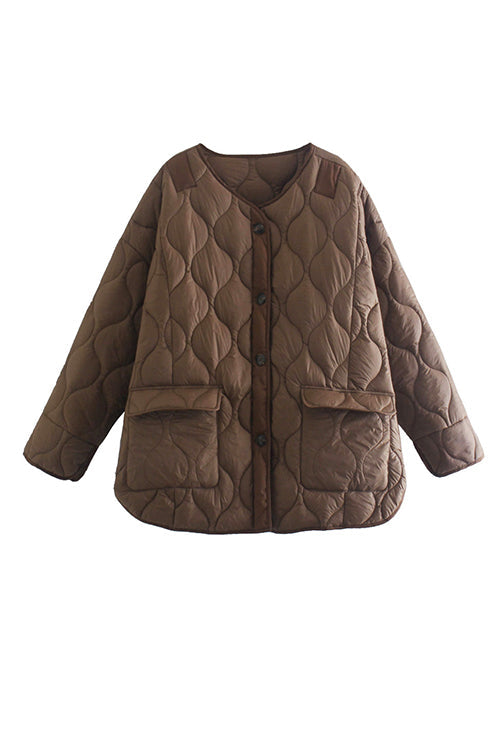 Quilted Pockets O Neck Jacket