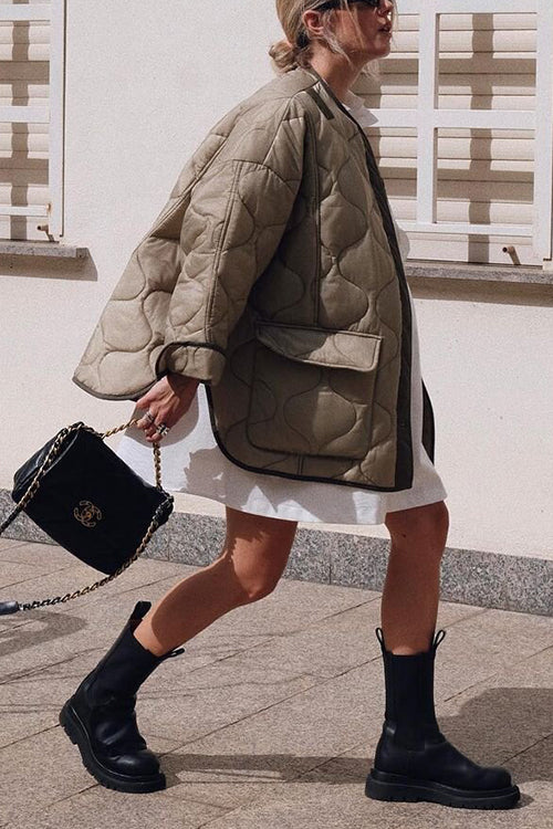 Quilted Pockets O Neck Jacket