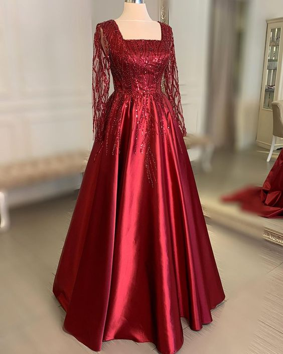 Elegant Burgundy Square Neckline A-line Prom Dress cc1146