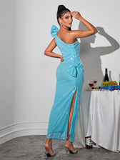 One Shoulder Bow Sequin Maxi Dress - View 6