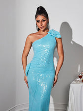 One Shoulder Bow Sequin Maxi Dress - View 3