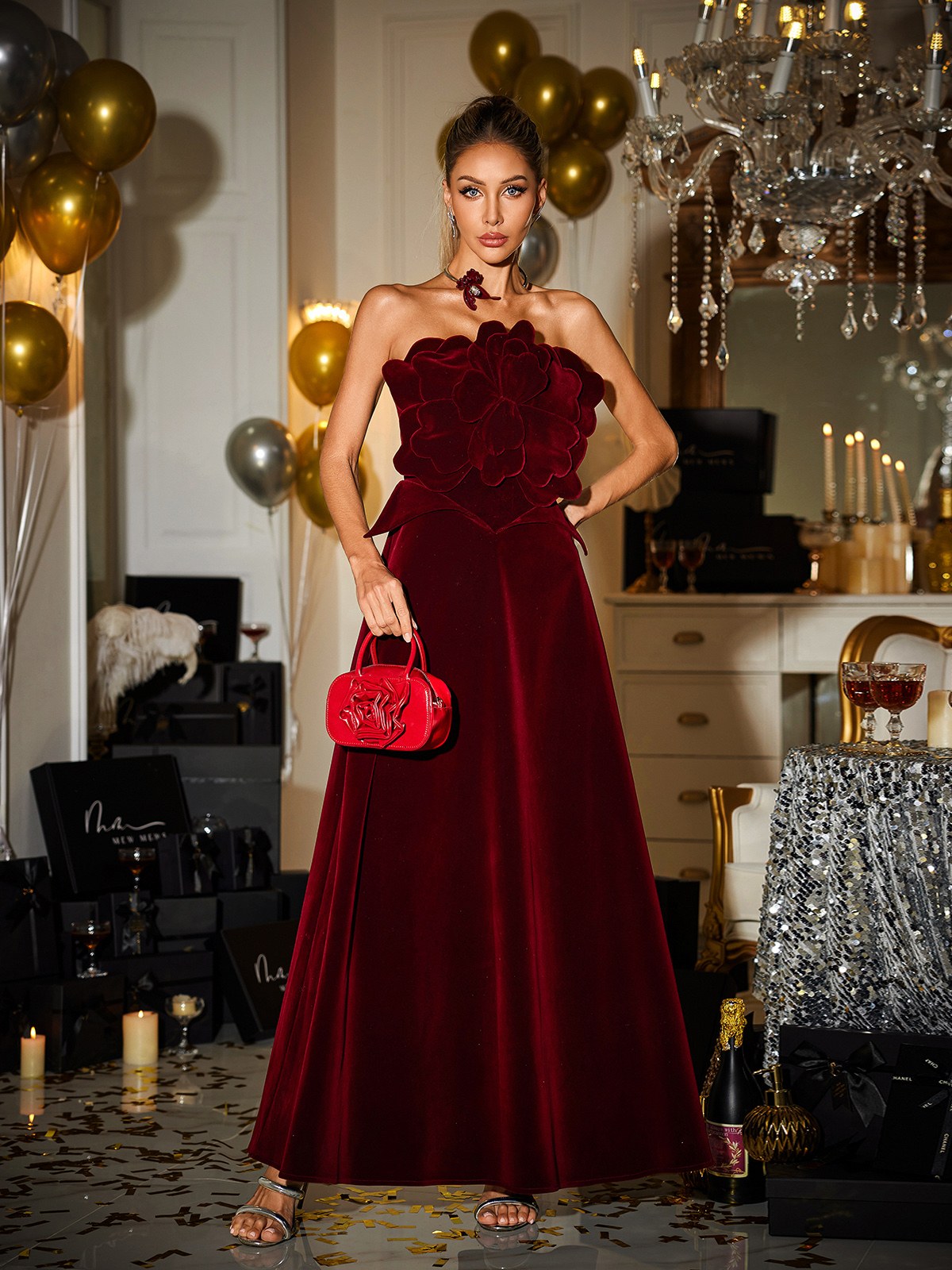 Strapless Flower Velvet Maxi Dress
