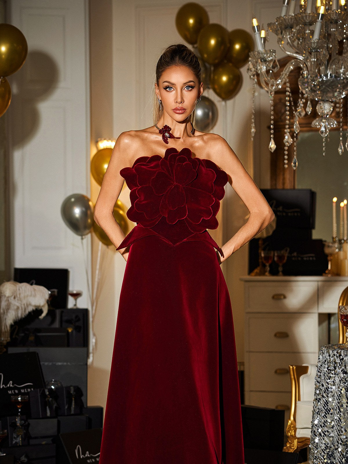 Strapless Flower Velvet Maxi Dress - View 2