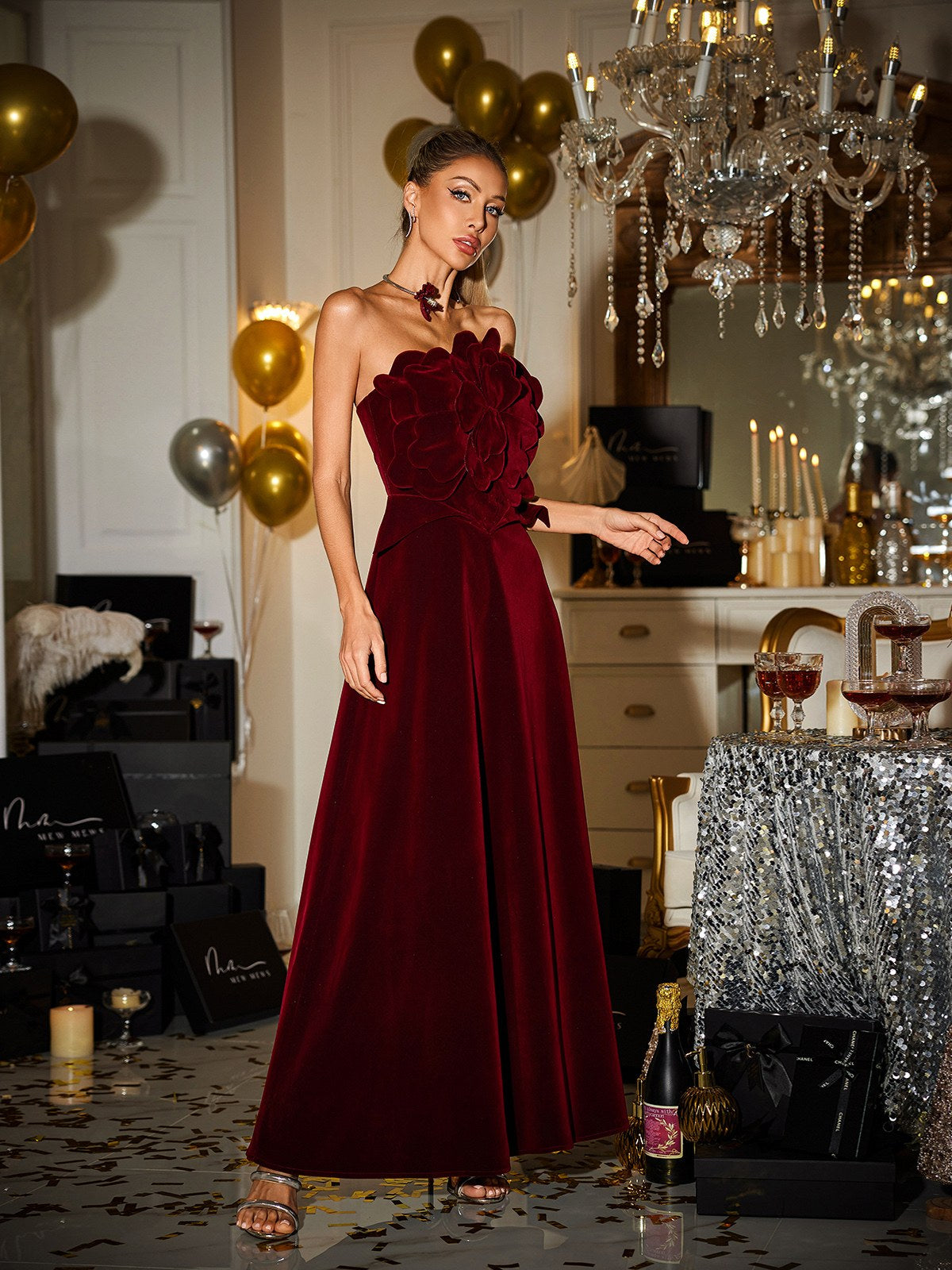 Strapless Flower Velvet Maxi Dress - View 4