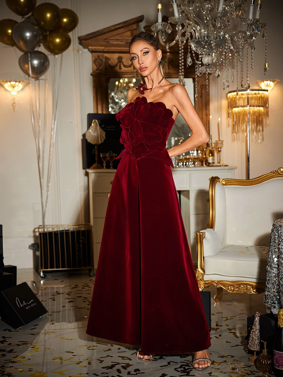 Strapless Flower Velvet Maxi Dress - View 5