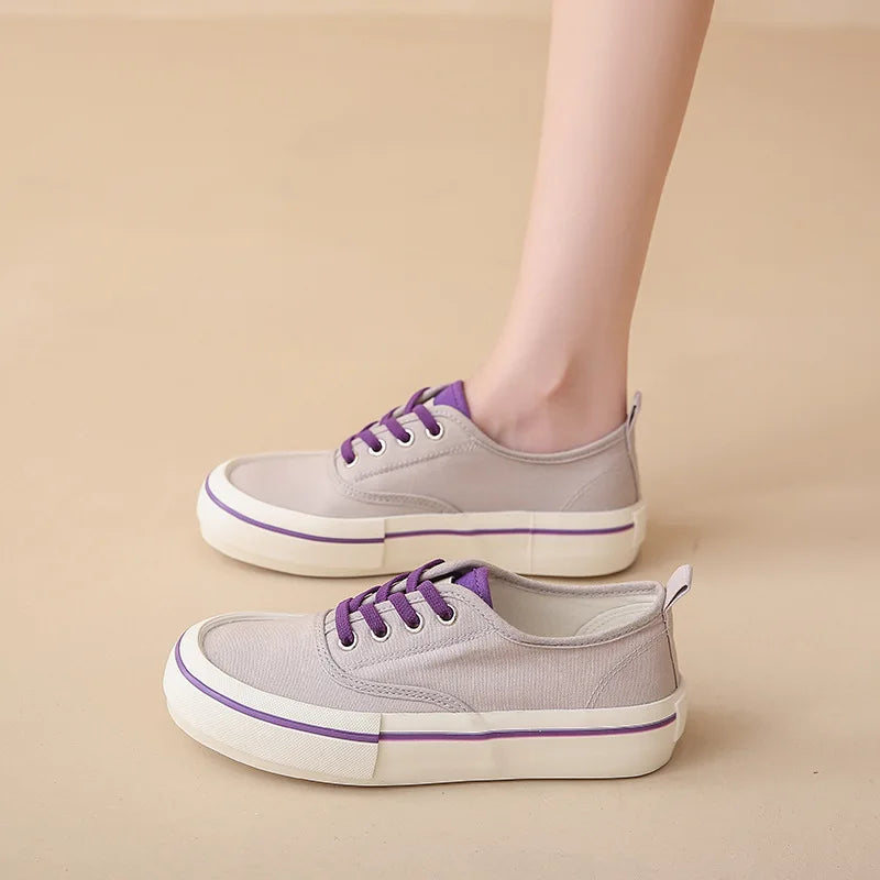 Canvas Lace Up Shallow Casual Shoes Round Toe SSolid Color Comfort Runner Outsole Sweet Novelit Shoes For Women Concise Fashion