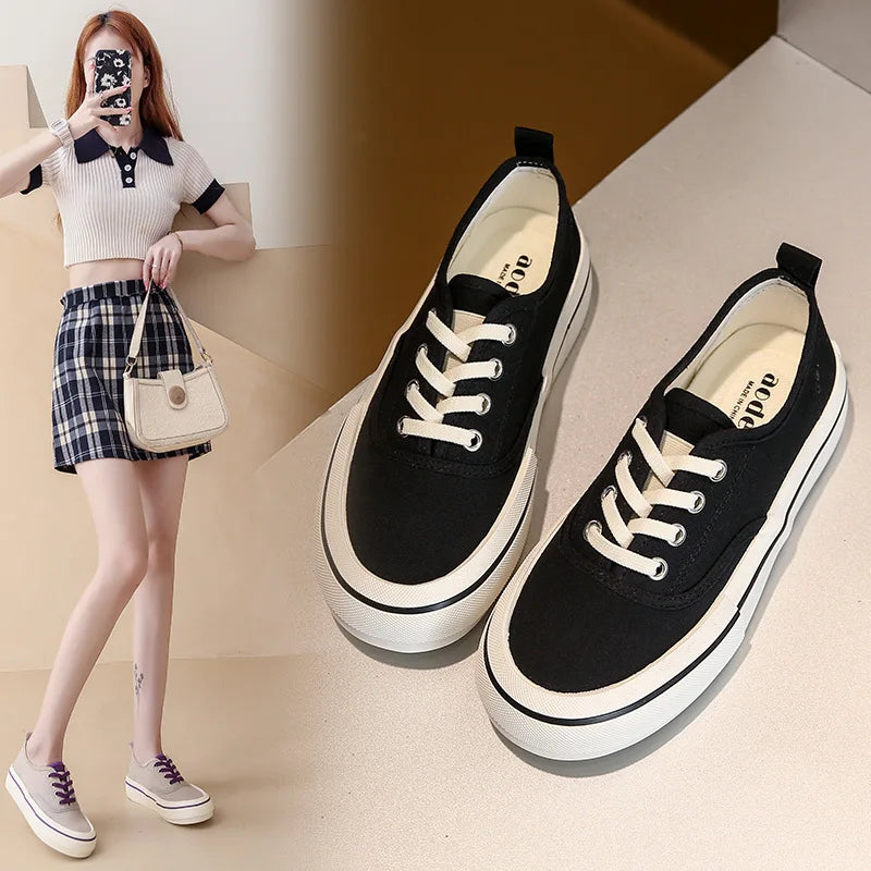 Canvas Lace Up Shallow Casual Shoes Round Toe SSolid Color Comfort Runner Outsole Sweet Novelit Shoes For Women Concise Fashion