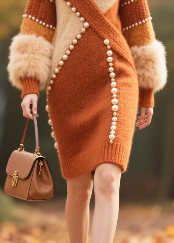Mock Neck Pearl Embellished Faux Fur Cuff Colorblock Knit Mini Sweater Dress