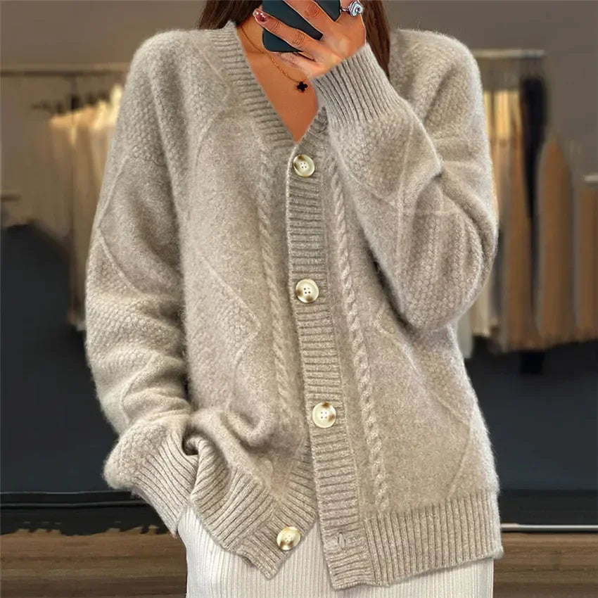 Cable Knit Button Front Round Neck Oversized Cardigan
