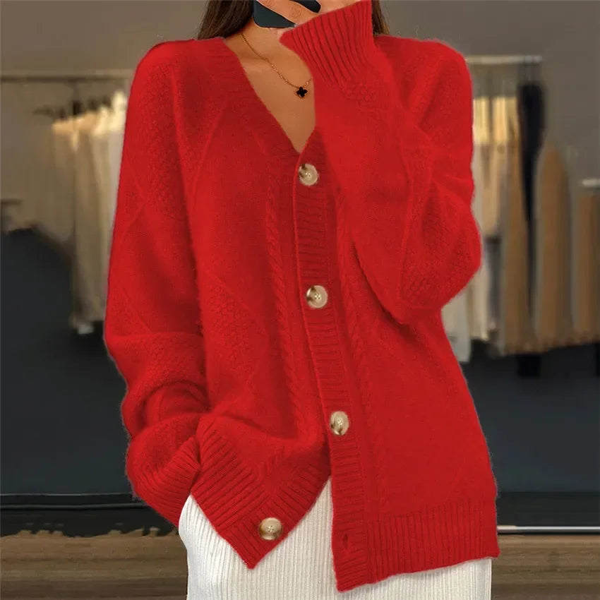 Cable Knit Button Front Round Neck Oversized Cardigan