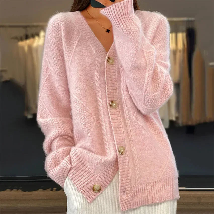 Cable Knit Button Front Round Neck Oversized Cardigan