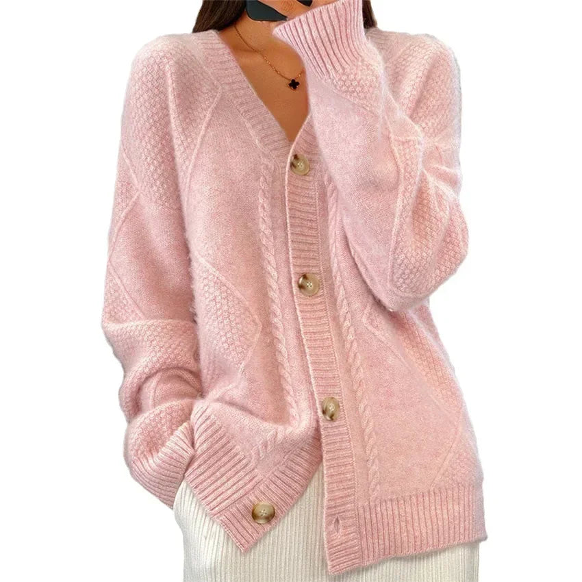 Cable Knit Button Front Round Neck Oversized Cardigan