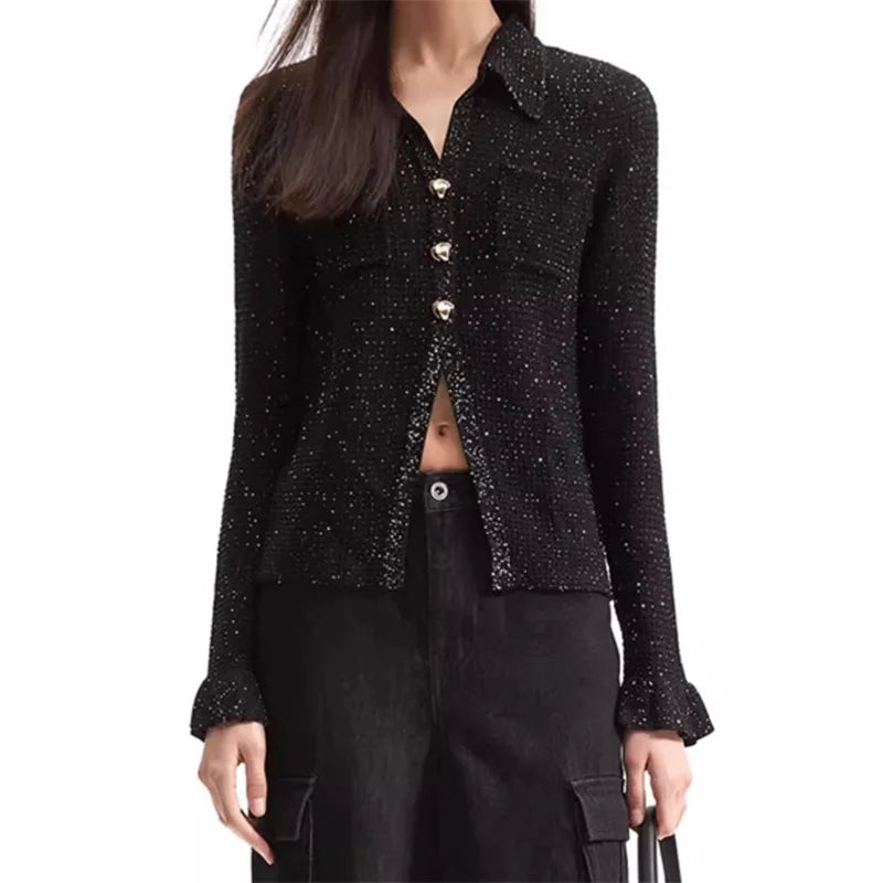 Glitter Knit Collared Button Front Flounce Cuff Slim Cardigan