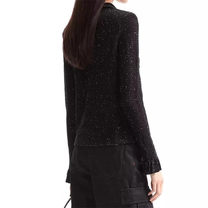 Glitter Knit Collared Button Front Flounce Cuff Slim Cardigan 2