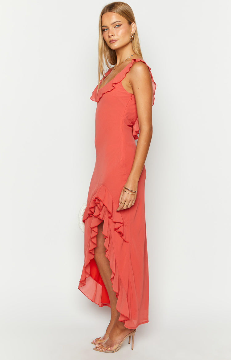 Chiffon Ruffle V-Neck Cami Strap Ruffle Split Hem Maxi Dress 4